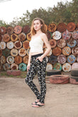 Low-Waist Rib Pants | Stylish Print Lounge & Functional Pockets